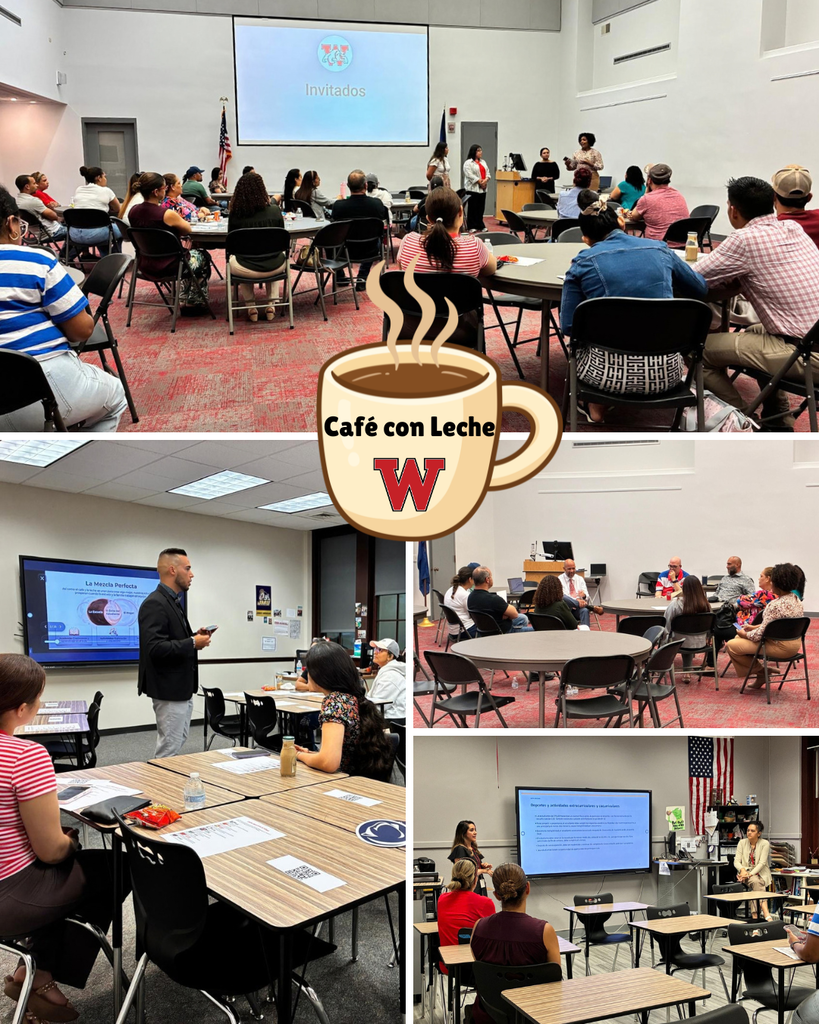 collage of meeting with coffee cup graphic that says cafe con leche