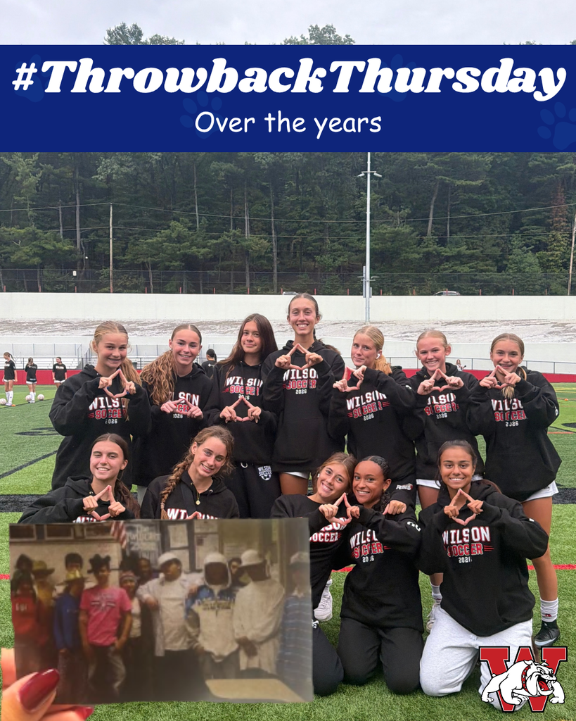 A #ThrowbackThursday graphic featuring a Wilson girls soccer team posing on a turf field in matching black hoodies, with a vintage team photo held in the foreground. The graphic includes the text “Over the years” and the Wilson Bulldogs logo in the bottom-right corner.
