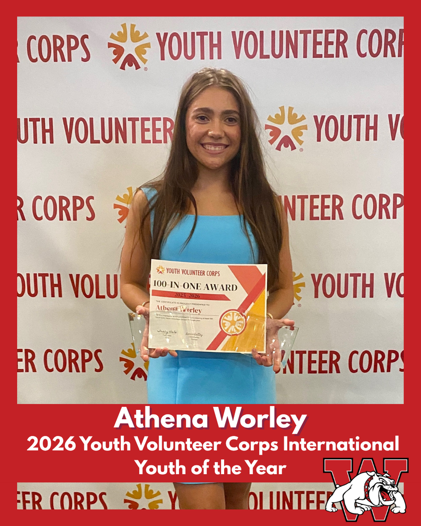 Wilson student Athena Worley poses with her certificate and awards after being named the 2026 Youth Volunteer Corps International Youth of the Year. She is wearing a blue dress and standing in front of a Youth Volunteer Corps backdrop. The graphic features her name, award title, and the Wilson Bulldogs logo.