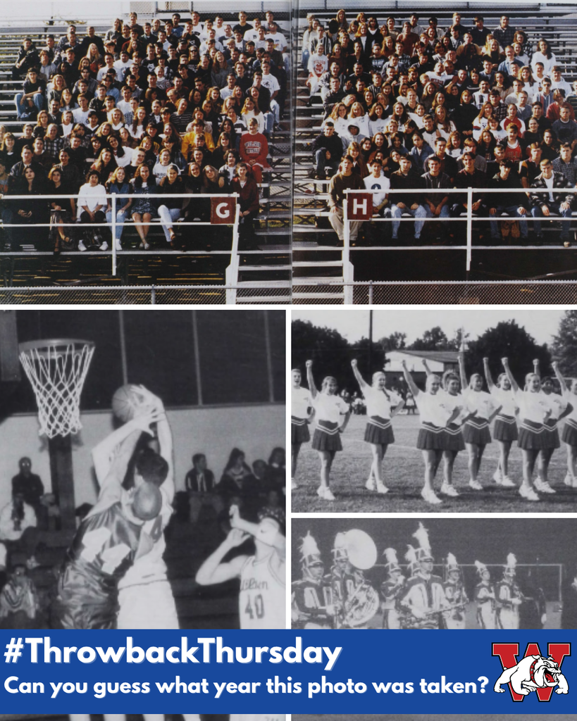 Graphic for #ThrowbackThursday featuring a collage of historical Wilson school photos, including students sitting in bleachers, a basketball game, cheerleaders performing outdoors, and marching band members. A blue banner across the bottom reads “#ThrowbackThursday” and “Can you guess what year this photo was taken?” alongside the Wilson Bulldogs logo.