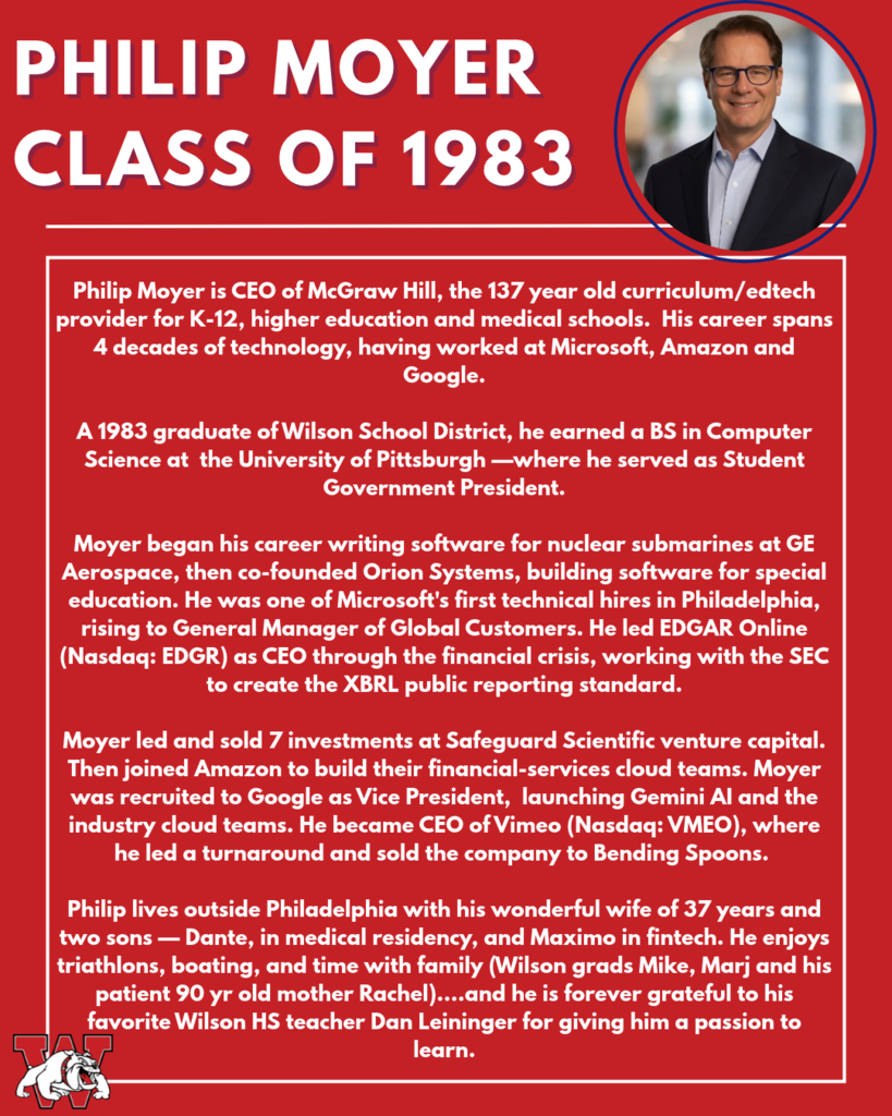 Philip Moyer Class of 1983 Philip Moyer is CEO of McGraw Hill, the 137 year old curriculum/edtech provider for K-12, higher education and medical schools. His career spans 4 decades of technology, having worked at Microsoft, Amazon and Google. A 1983 graduate of Wilson School District, he earned a BS in Computer Science at the University of Pittsburgh —where he served as Student Government President. Moyer began his career writing software for nuclear submarines at GE Aerospace, then co-founded Orion Systems, building software for special education. He was one of Microsoft's first technical hires in Philadelphia, rising to General Manager of Global Customers. He led EDGAR Online (Nasdaq: EDGR) as CEO through the financial crisis, working with the SEC to create the XBRL public reporting standard. Moyer led and sold 7 investments at Safeguard Scientific venture capital. Then joined Amazon to build their financial-services cloud teams. Moyer was recruited to Google as Vice President, launching Gemini AI and the industry cloud teams. He became CEO of Vimeo (Nasdaq: VMEO), where he led a turnaround and sold the company to Bending Spoons. Philip lives outside Philadelphia with his wonderful wife of 37 years and two sons — Dante, in medical residency, and Maximo in fintech. He enjoys triathlons, boating, and time with family (Wilson grads Mike, Marj and his patient 90 yr old mother Rachel)....and he is forever grateful to his favorite Wilson HS teacher Dan Leininger for giving him a passion to learn.
