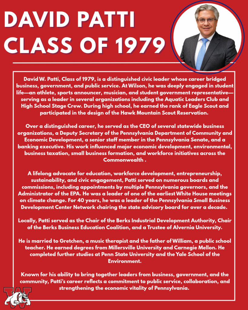 David patti Class of 1979 David W. Patti, Class of 1979, is a distinguished civic leader whose career bridged business, government, and public service. At Wilson, he was deeply engaged in student life—an athlete, sports announcer, musician, and student government representative—serving as a leader in several organizations including the Aquatic Leaders Club and High School Stage Crew. During high school, he earned the rank of Eagle Scout and participated in the design of the Hawk Mountain Scout Reservation. Over a distinguished career, he served as the CEO of several statewide business organizations, a Deputy Secretary of the Pennsylvania Department of Community and Economic Development, a senior staff member in the Pennsylvania Senate, and a banking executive. His work influenced major economic development, environmental, business taxation, small business formation, and workforce initiatives across the Commonwealth . A lifelong advocate for education, workforce development, entrepreneurship, sustainability, and civic engagement, Patti served on numerous boards and commissions, including appointments by multiple Pennsylvania governors, and the Administrator of the EPA. He was a leader of one of the earliest White House meetings on climate change. For 40 years, he was a leader of the Pennsylvania Small Business Development Center Network chairing the state advisory board for over a decade. Locally, Patti served as the Chair of the Berks Industrial Development Authority, Chair of the Berks Business Education Coalition, and a Trustee of Alvernia University. He is married to Gretchen, a music therapist and the father of William, a public school teacher. He earned degrees from Millersville University and Carnegie Mellon. He completed further studies at Penn State University and the Yale School of the Environment. Known for his ability to bring together leaders from business, government, and the community, Patti’s career reflects a commitment to public service, collaboration, and strengthening the economic vitality of Pennsylvania.