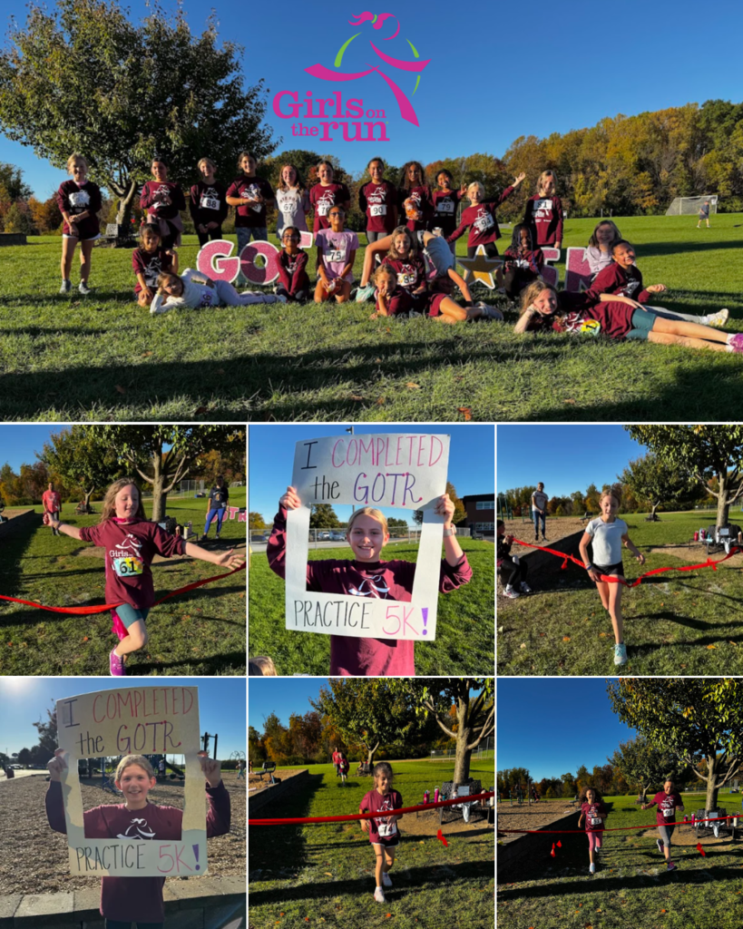 collage of young girls running through ribbon and group photo