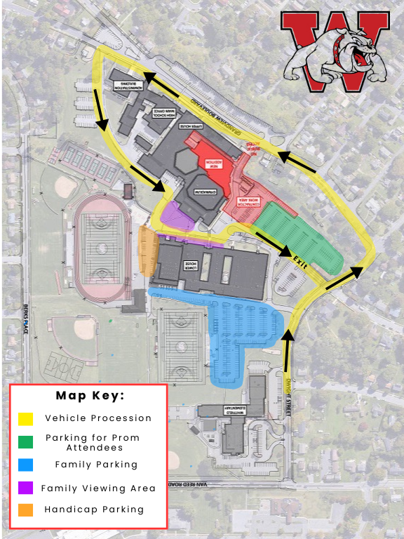 This image is a map that shows the drop off route for the Wilson High School Prom