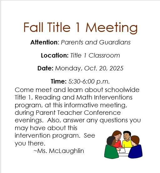 Information about Title 1 Parent meeting with an image of people sitting around talking to each other.