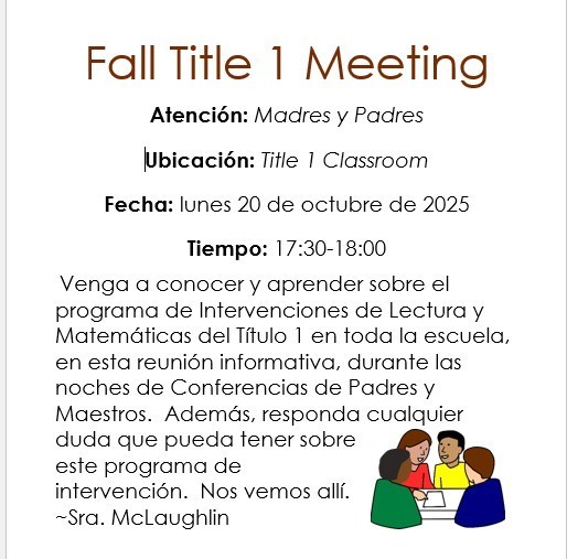 Information about Title 1 Parent meeting with an image of people sitting around talking to each other.