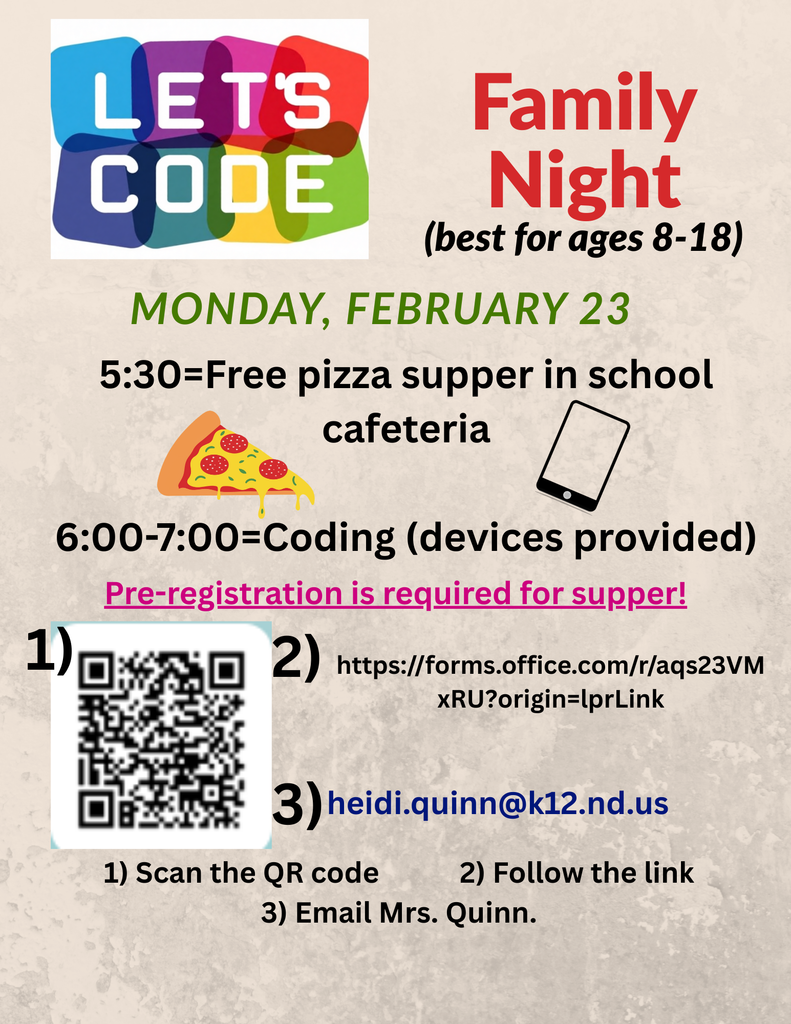 Flier advertising Coding night and free pizza supper in English