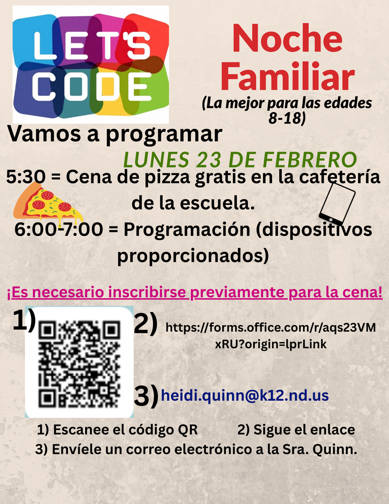 Flier advertising Coding night and free pizza supper in Spanish