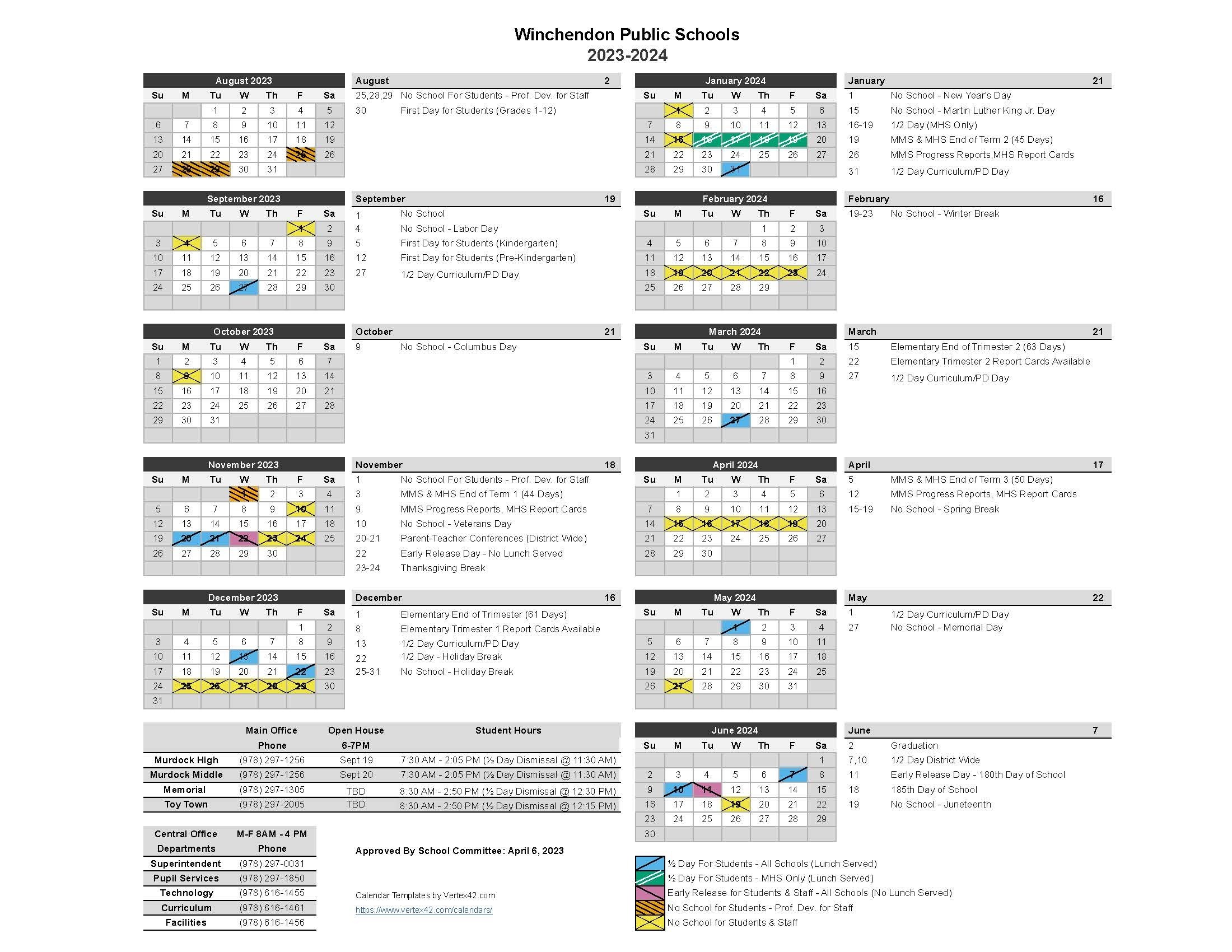 2023-2024 District Calendar | Winchendon Public Schools