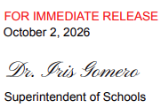 Screenshot of "For immediate Realease 10/2/2026
