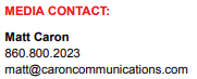 Contact Card for Matt Caron in black and red font