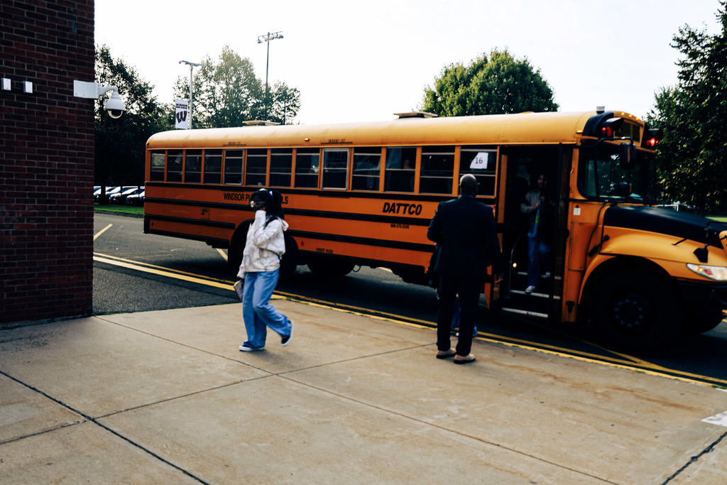 School bus dropping off students on the first day of school at WHS.
