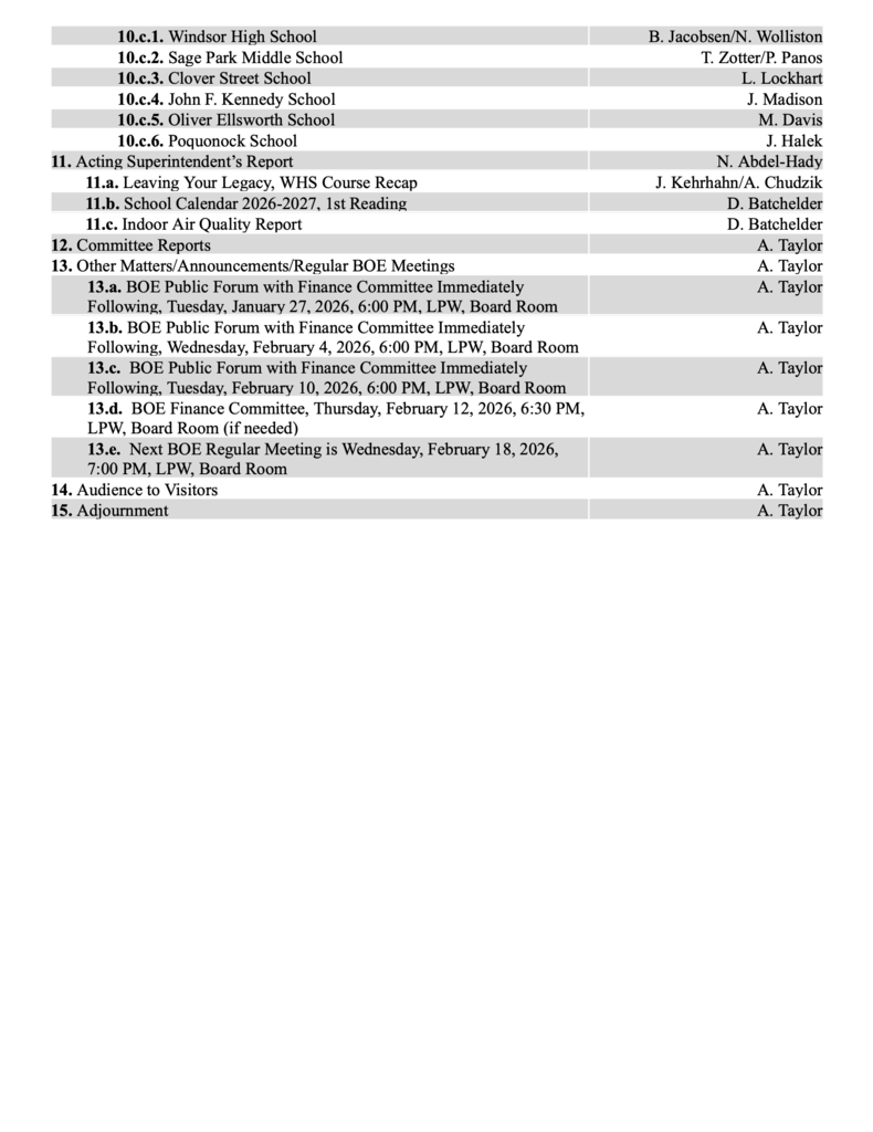 10.c.1. Windsor High School 10.c.2. Sage Park Middle School 10.c.3. Clover Street School 10.c.4. John F. Kennedy School 10.c.5. Oliver Ellsworth School 10.c.6. Poquonock School 11. Acting Superintendent’s Report 11.a. Leaving Your Legacy, WHS Course Recap 11.b. School Calendar 2026-2027, 1st Reading 11.c. Indoor Air Quality Report 12. Committee Reports 13. Other Matters/Announcements/Regular BOE Meetings 13.a. BOE Public Forum with Finance Committee Immediately Following, Tuesday, January 27, 2026, 6:00 PM, LPW, Board Room 13.b. BOE Public Forum with Finance Committee Immediately Following, Wednesday, February 4, 2026, 6:00 PM, LPW, Board Room 13.c. BOE Public Forum with Finance Committee Immediately Following, Tuesday, February 10, 2026, 6:00 PM, LPW, Board Room 13.d. BOE Finance Committee, Thursday, February 12, 2026, 6:30 PM, LPW, Board Room (if needed) 13.e. Next BOE Regular Meeting is Wednesday, February 18, 2026, 7:00 PM, LPW, Board Room 14. Audience to Visitors 15. Adjournment B. Jacobsen/N. Wolliston T. Zotter/P. Panos L. Lockhart J. Madison M. Davis J. Halek N. Abdel-Hady J. Kehrhahn/A. Chudzik D. Batchelder D. Batchelder A. Taylor A. Taylor A. Taylor A. Taylor A. Taylor A. Taylor A. Taylor A. Taylor A. Taylor