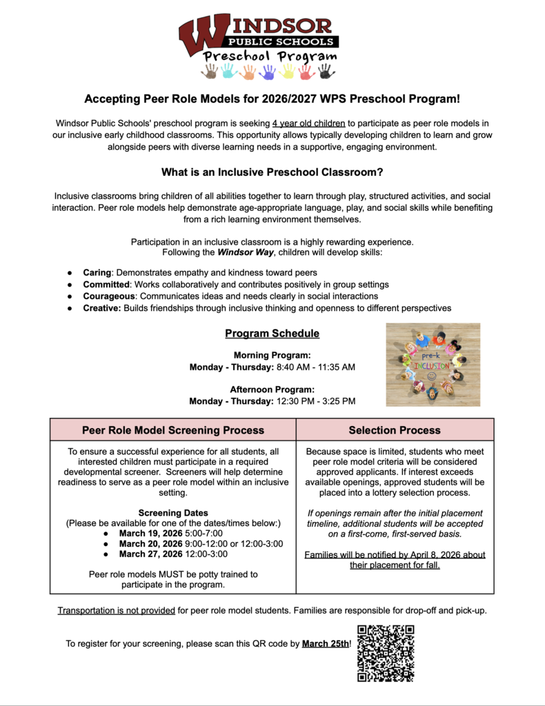accepting peer role models for 2026-2027 WPS Preschool Program!