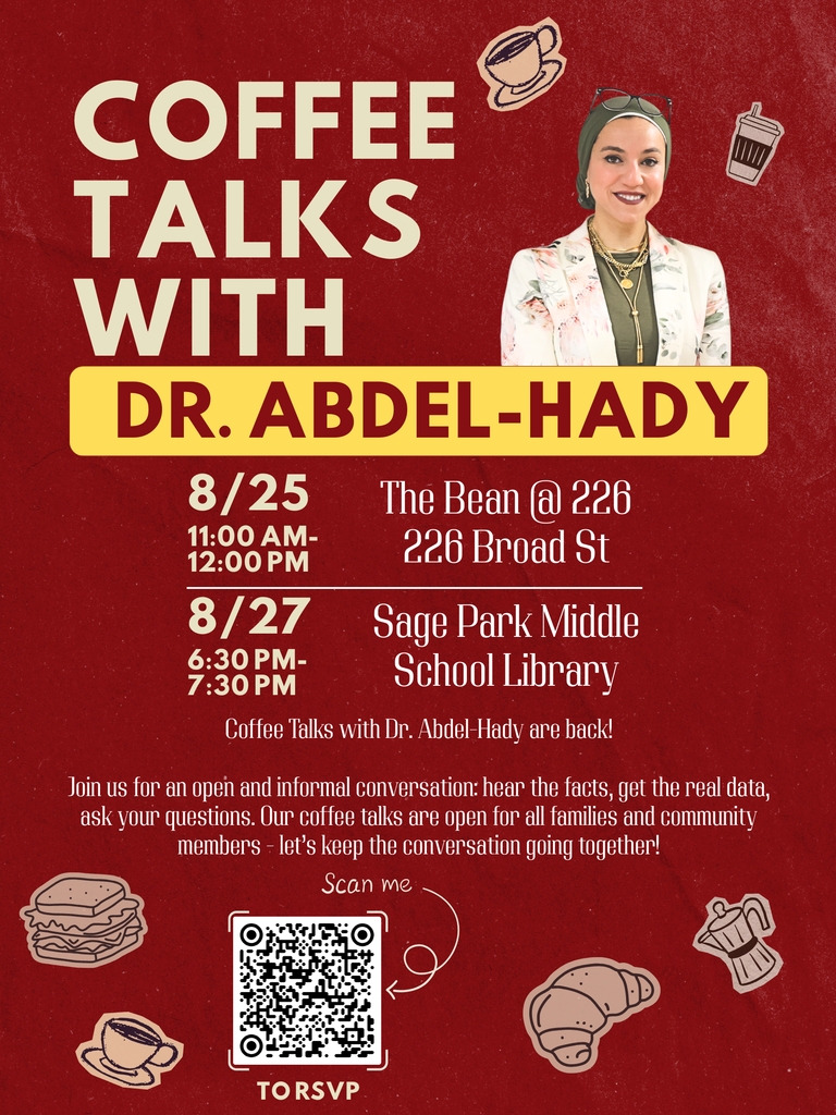 Coffee Talk is happening August 27, 6:30-7:30, at Sage Park Middle School Library.