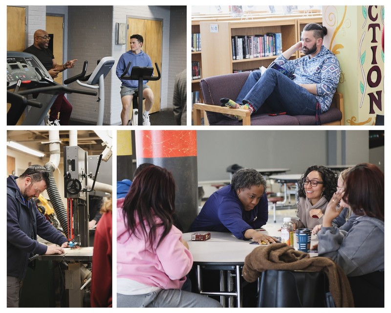 Wellness collage: gym, reading time, building a birdhouse, board games