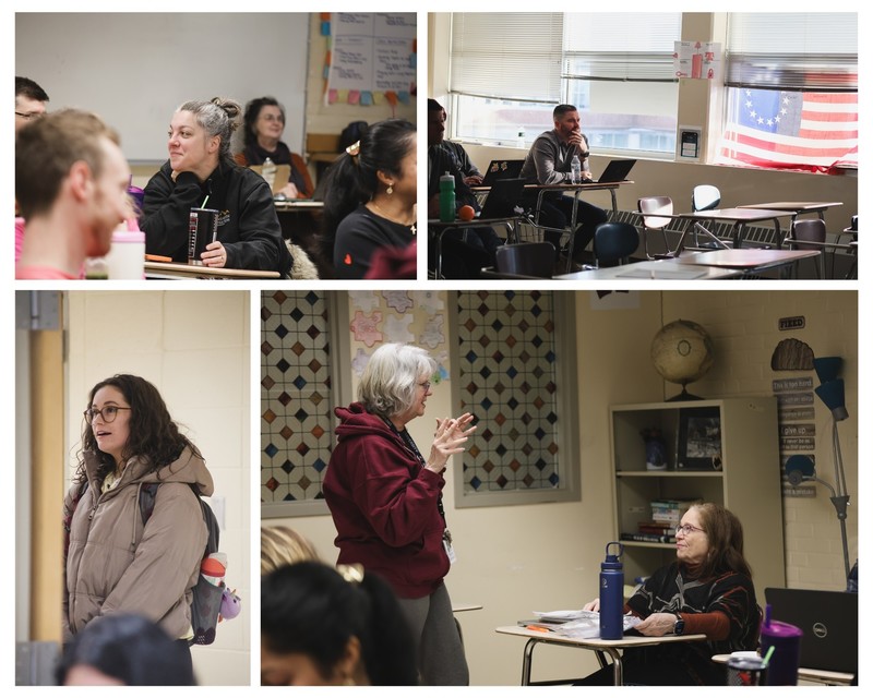 Wellness PD collage - a class full of teachers, a thoughtful AI class student, a student who's late for a class, two staff members chatting