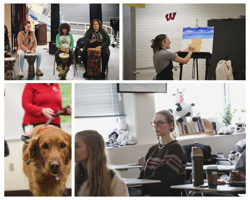 Wellness PD collage - drum circle, painting the beach, therapy dog hour, AI lecture student