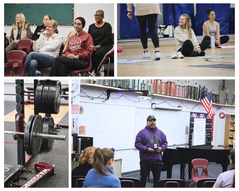 Wellness PD collage - yoga, gym, safety lessons.