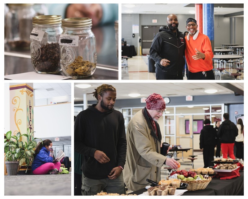 Wellness PD collage - tea making class, two staff members, reading hour, lunch break