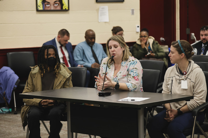Ms. Rickis, Ms. Siekel, and their student  at the BOE meeting