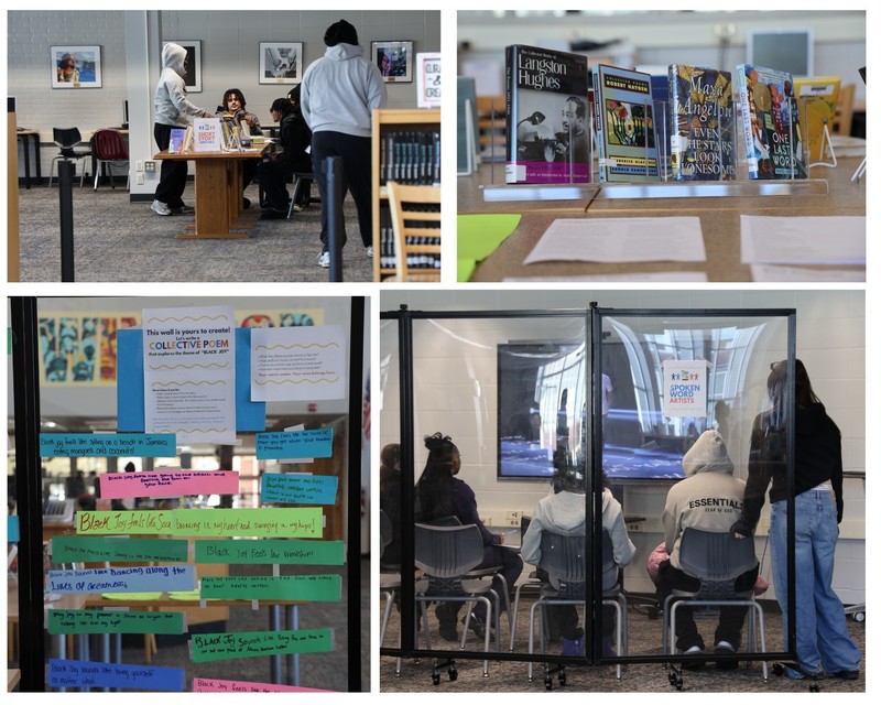 a collage: students reading, a collective poem on the wall, students watching a movie, books on the shelf