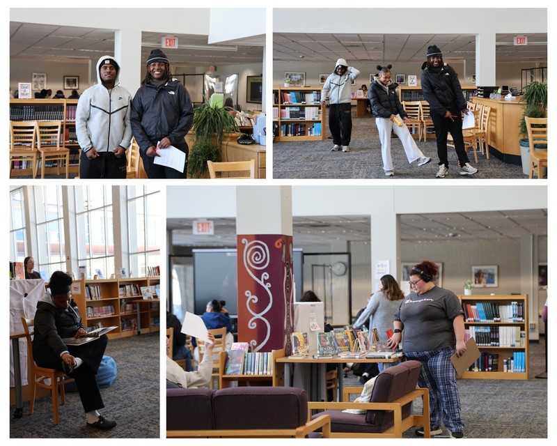 collage: two students smiling, two students posing together, a student reading a book, a student browsing books.