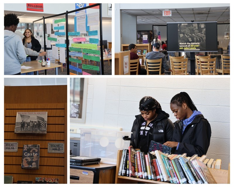 collage: a student explaining an activity to others, a teacher and a student listening to a speech, books on a shelf, two students browsing books.
