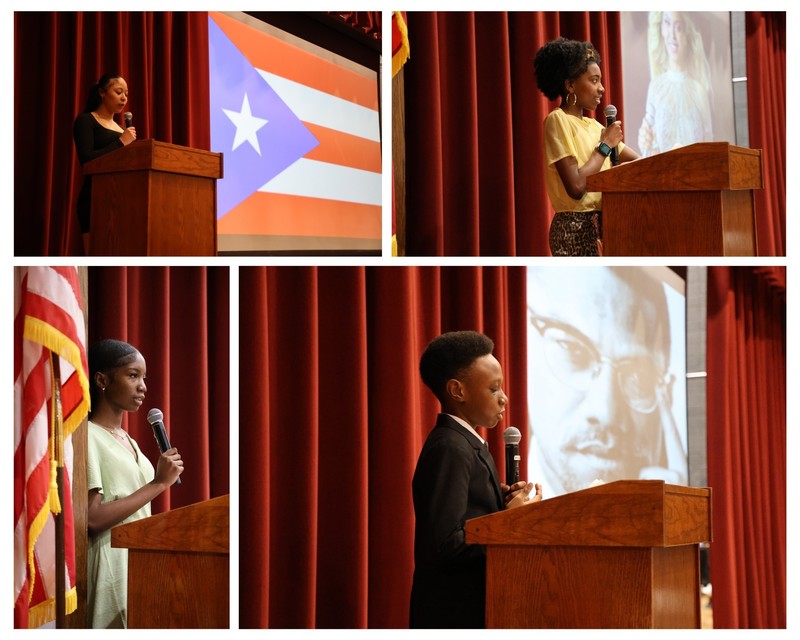 coollage: a Puerto Rican student speakeng of her heritage, a student telling the audience about a famous historical figure, an assembly host announcing the next performance, a student speaking about Malcolm X