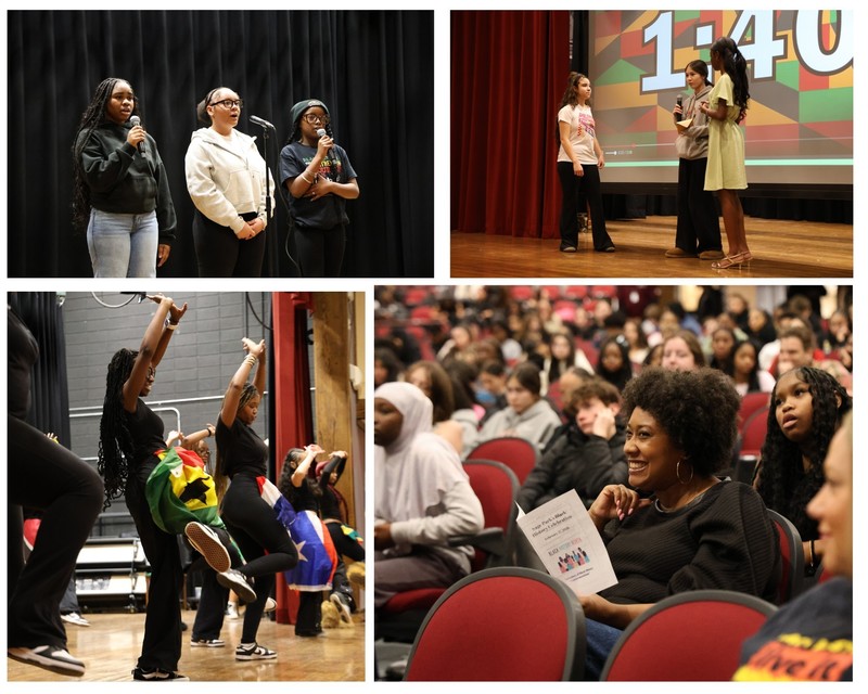 collage: anthem singers, trivia activity on stage, high school dance team, Ayana Taylor, BOE member