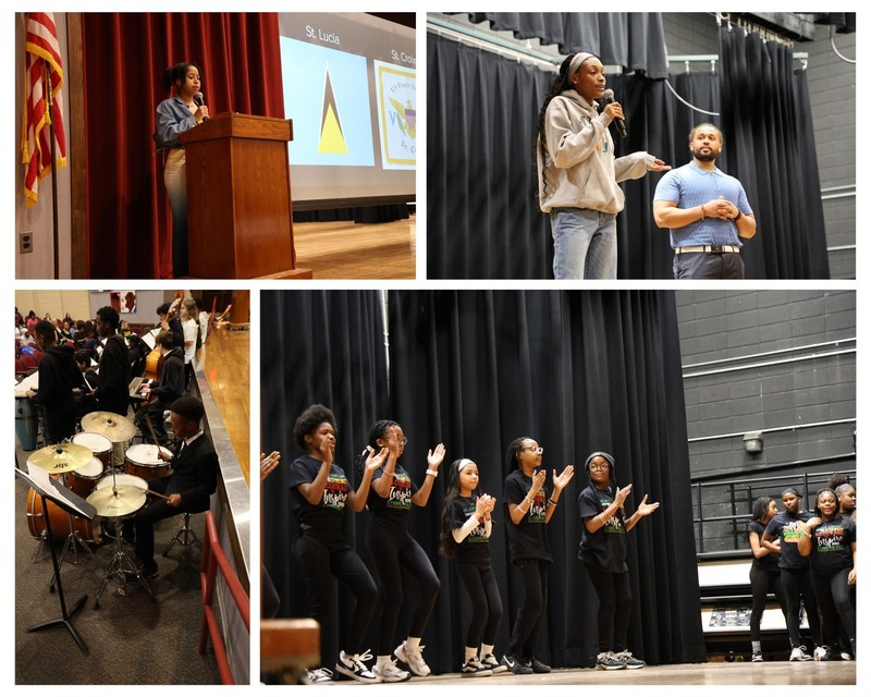 A student speaking about St. Lucia, two speakers on stage, a drum performer during jazz performance, a drill team