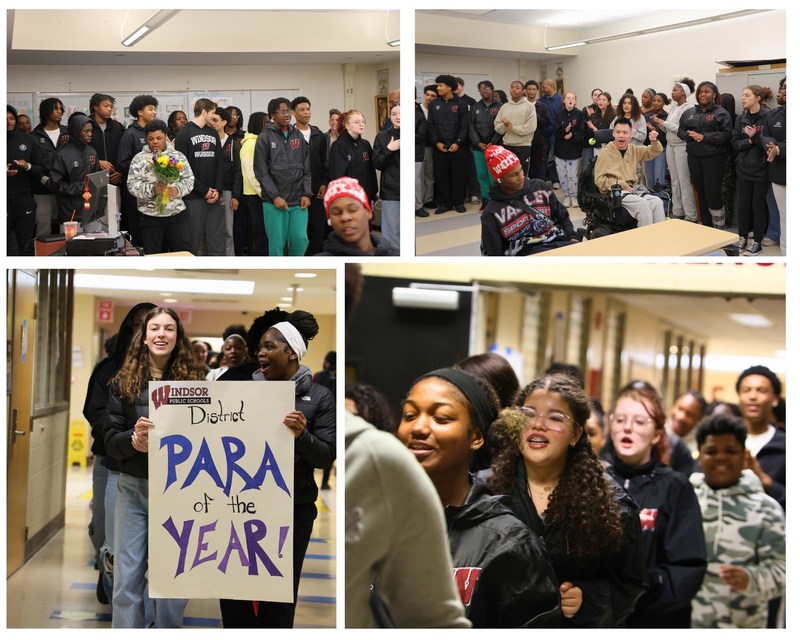 Windsor High Gospel Choir is heading towards Samuel Dukes' classroom to congradulate him on receiving the award