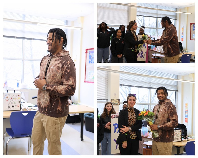 Samuel is receiving flowers from the Superintendent