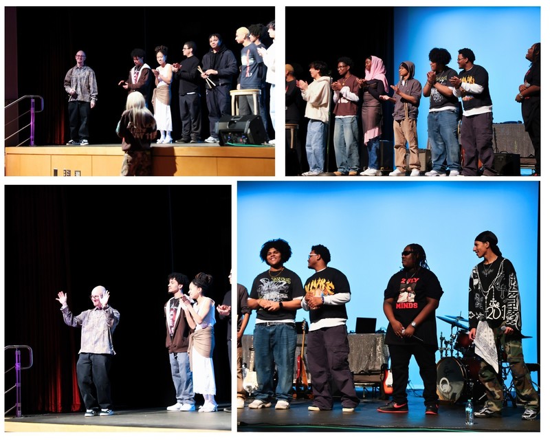 Collage: Students cheering to Mr. Nolan at the end of the concert