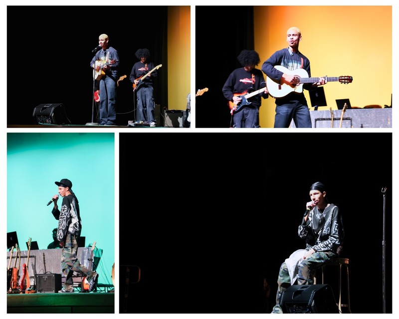 Collage: students perform during the concert, one is rapping, another one is playing the guitar and singing