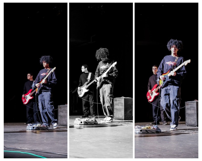 Collage: a student is playing the guitar