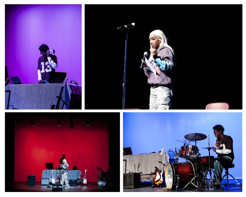 A student is emceeing the event, another student is presenting an original DG mix, and then drumming for a band