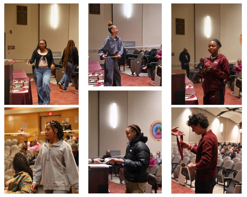 Pictures of students approaching the stage to receive their awards