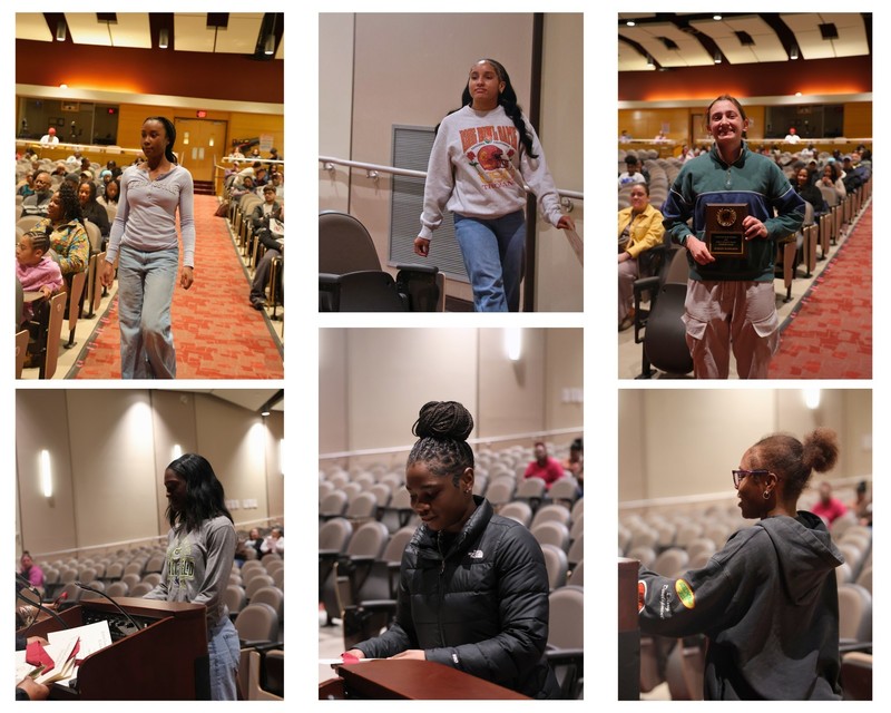 Pictures of students approaching the stage to receive their awards