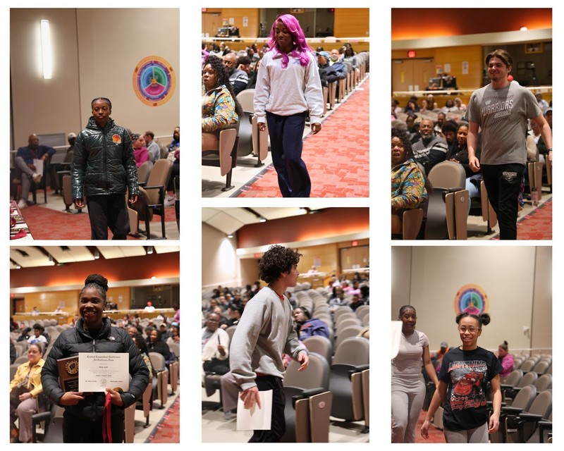 Pictures of students approaching the stage to receive their awards