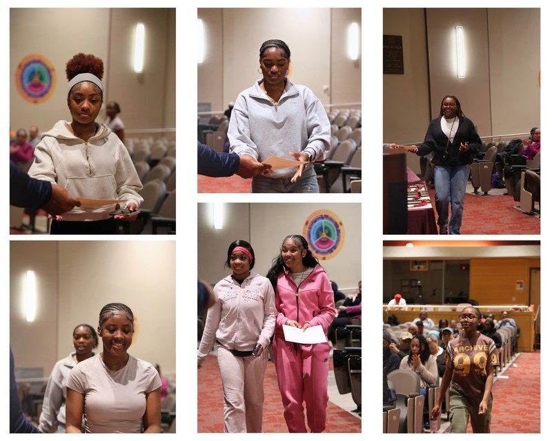 Pictures of students approaching the stage to receive their awards