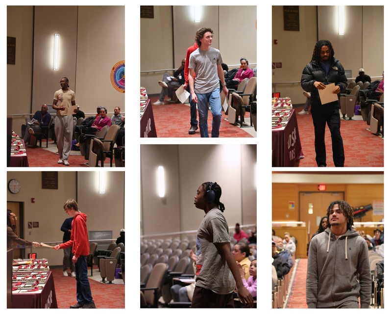 Pictures of students approaching the stage to receive their awards
