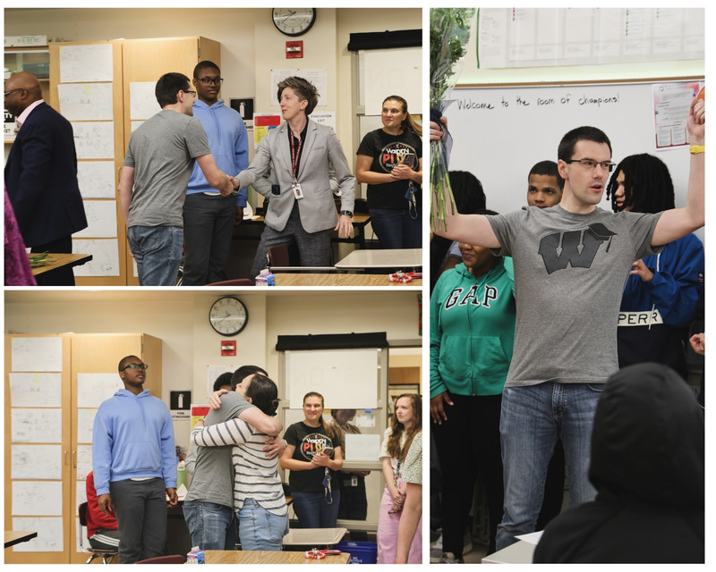 Staff members congratulating the teacher of the year