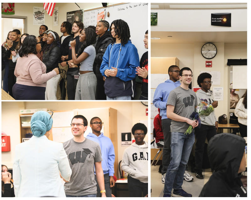 Students are singing for Mr. Oblon in celebration of his award