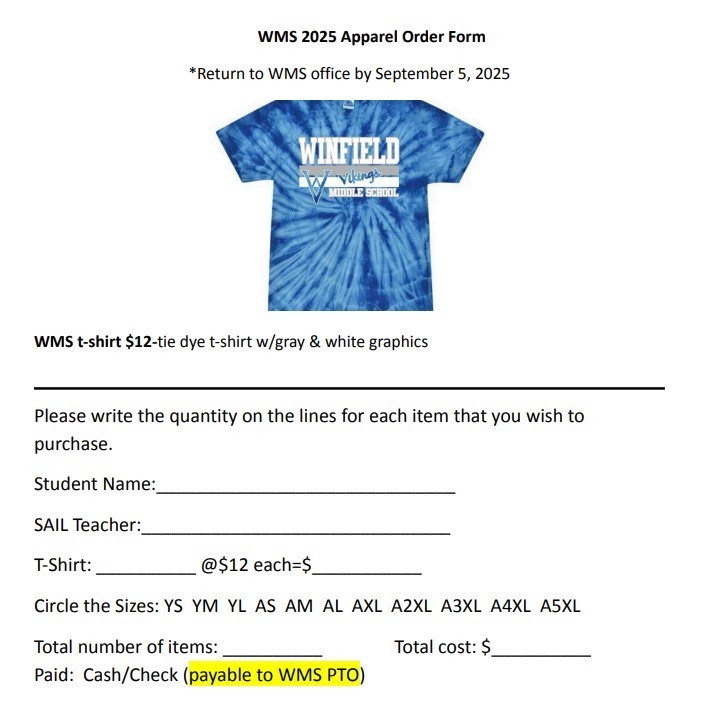 WMS 2025 t-shirt  order forms are due to WMS office by September 5, 2025.