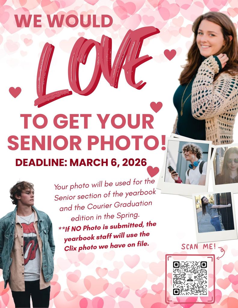 Senior Photo Deadline is approaching soon. All senior pictures must be submitted by March 6th.