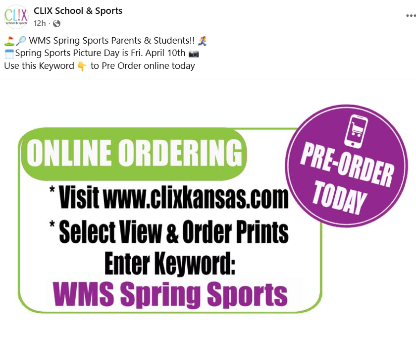 WMS sport pics are this Friday, April 10th!!