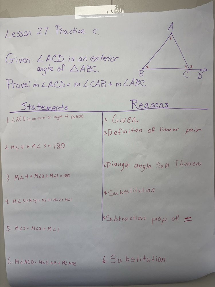 Proving the exterior angle of a triangle is equal to the sum of its two remote interior angles