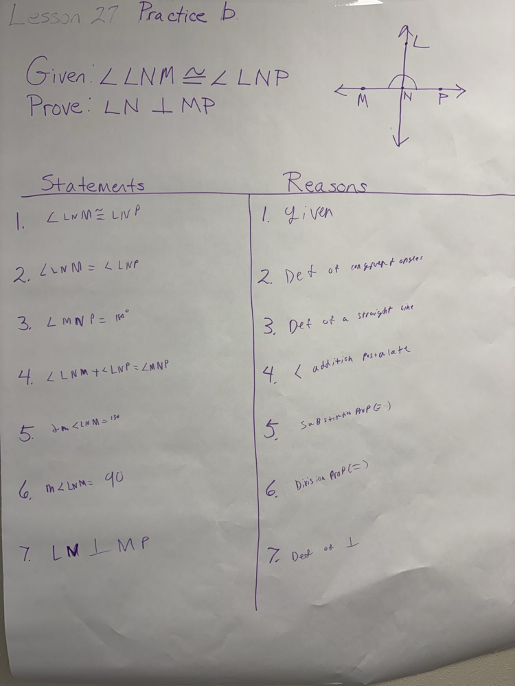 Proving adjacent congruent angles formed by interacting lines are perpendicular