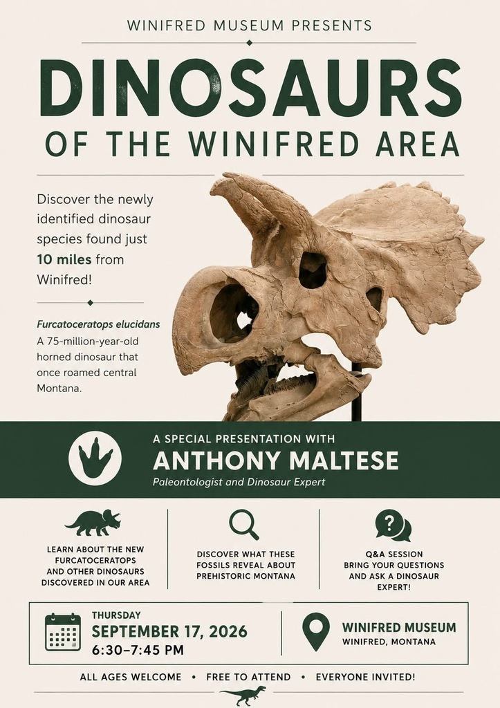 Dinosaurs of the Winifred Area presentation September 15 
